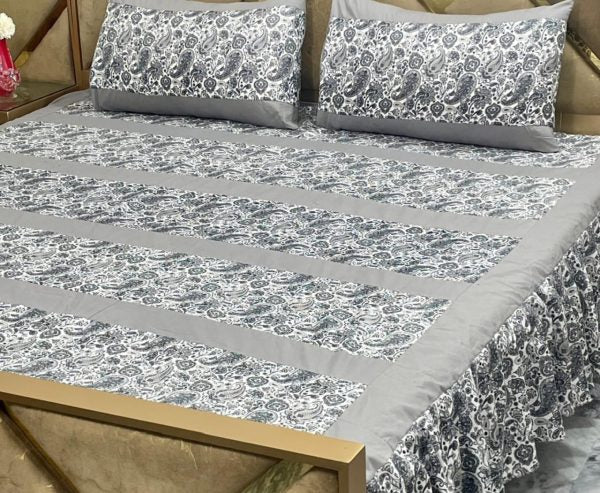 Luxury 3-piece Frill Patchwork Double Bed Bedsheet Set – Soft Cotton Blend, Multicolor, Includes 2 Pillow Covers, Elegant Frilled Edges