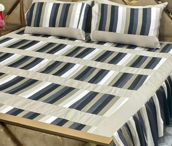 Luxury 3-piece Frill Patchwork Double Bed Bedsheet Set – Soft Cotton Blend, Multicolor, Includes 2 Pillow Covers, Elegant Frilled Edges